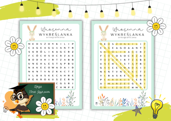 Wiosenna wykreślanka ortograficzna. Wiosna. Ortografia. Język polski