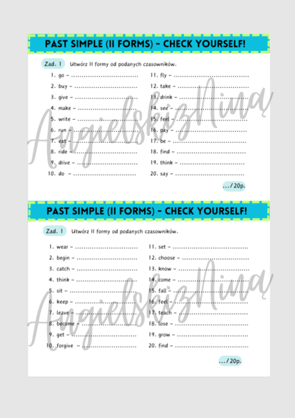 Past Simple - II forms - Irregular Verbs - czasowniki nieregularne - karta pracy - kartkówka - wklejka - dwie wersje - dwa stopnie trudności