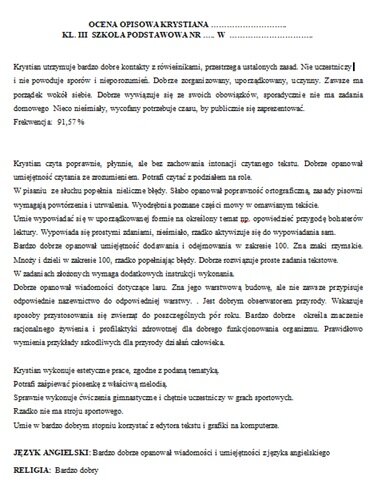 Ocena opisowa klasa 3
