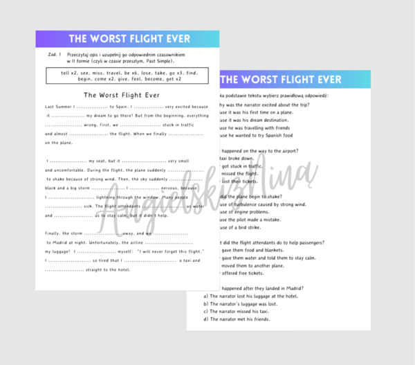 Past Simple – The Worst Flight Ever – story – karta pracy – czytanie ze zrozumieniem – czytanka – czasowniki nieregularne – matura - B1 / B2