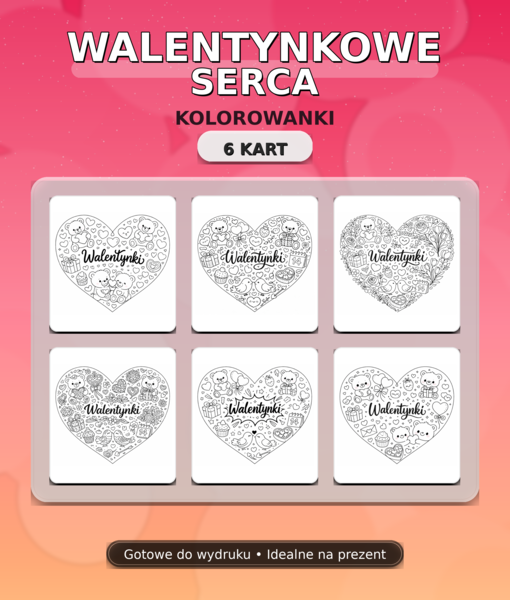 Walentynki – serca z wzorami do kolorowania (6 kart)
