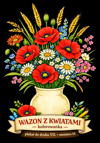 WAZON Z KWIATAMI - kolorowanka - plakat do druku XXL + miniatura A4 - kwiaty (Dzień Kobiet, Dzień Matki)