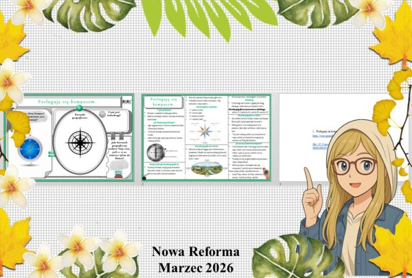 Mały zestaw na jedną lekcję: sketchnotka/notatka/przypomnienie dla nauczyciela, karta pracy plus gratisowa prezentacja multimedialna „Posługuję się kompasem” w pdf. Przyroda "Odkrywam przyrodę". Klasa 4. Dział „Spotkanie z przyrodą".