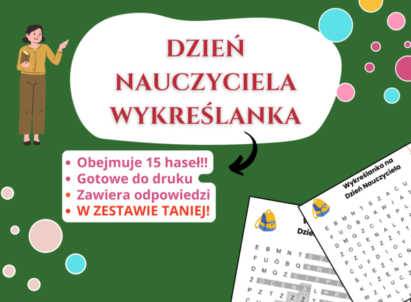 🔎 Wykreślanka – Dzień Nauczyciela, Szkoła podstawowa • Świetlica • Godzina wychowawcza • klasy 1-8