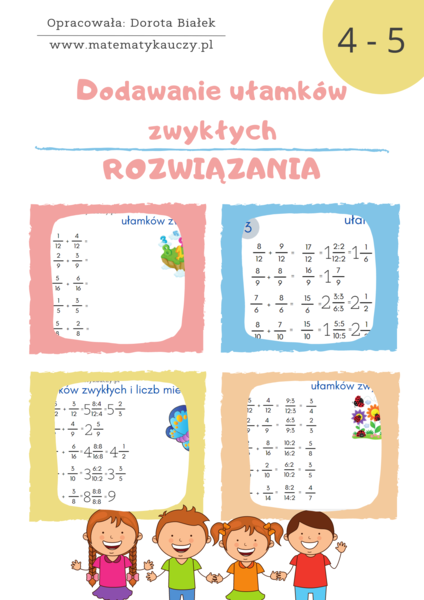 Dodawanie ułamków zwykłych o tym samym mianowniku / KARTY PRACY kl.4 – kl.5 PDF + ROZWIĄZANIA