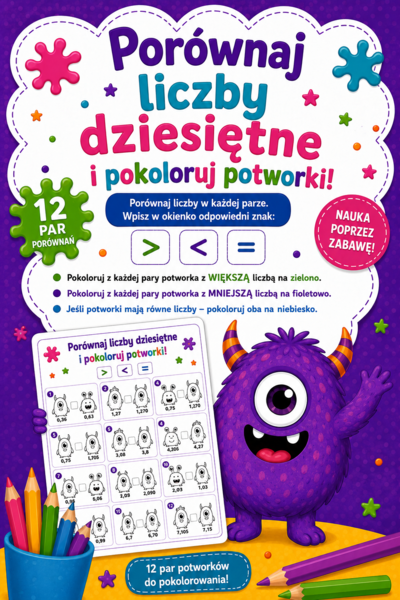 👾 Przecinkowe potworki – Porównaj liczby dziesiętne i pokoloruj potworki | > < = | SPE | klasy 4–5