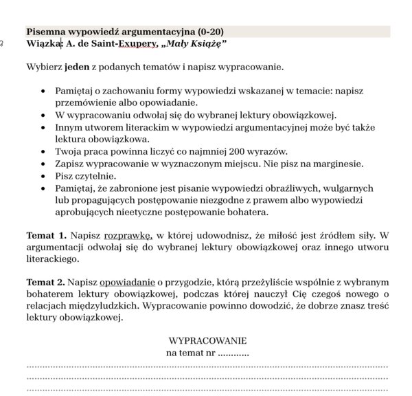 Arkusz egzaminacyjny "Mały Książę"