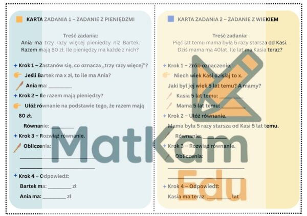 Karty z zadaniami tekstowymi – równania_ krok po kroku