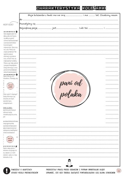 Charakterystyka koleżanki lub kolegi z ławki - karta pracy ze wskazówkami