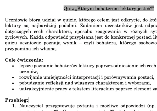 Quiz - Jakim bohaterem z lektury jesteś? - scenariusz ćwiczenia