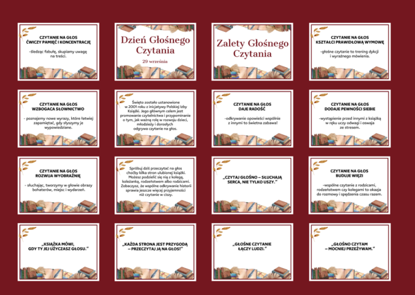 DZIEŃ GŁOŚNEGO CZYTANIA - gazetka - biblioteka - ZALETY GŁOŚNEGO CZYTANIA - dekoracja - wersja 1