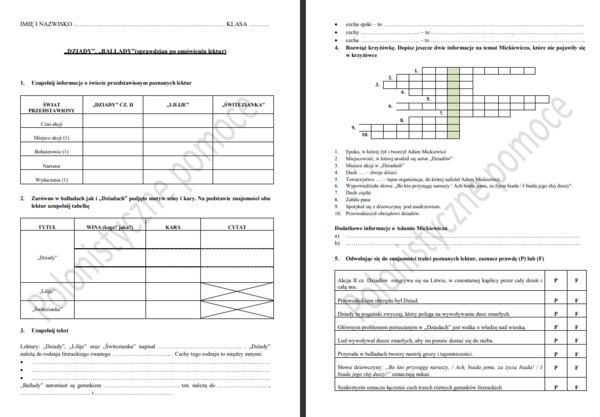 Sprawdzian po omówieniu lektury Dziady i ballady