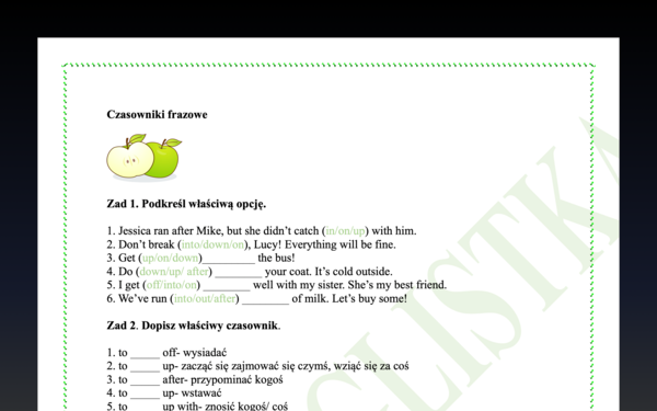Czasowniki frazowe - 4 ćwiczenia z kluczem+ gratis: lista wykorzystanych w ćwiczeniach czasowników z tłumaczeniem- Egzamin Ósmoklasisty/ Matura
