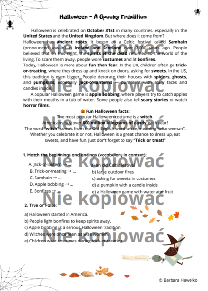 Czytanka Karta Pracy "Halloween - A Spooky Tradition" A2