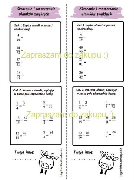 Skracanie i rozszerzanie ułamków zwykłych - kartkówka (klasa 4-5).