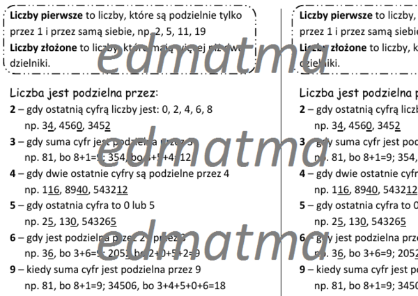 Cechy podzielności liczb - teoria (wklejka do zeszytu)