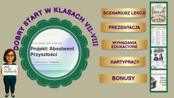 Scenariusz pierwszej lekcji języka polskiego w klasach VII–VIII | wymagania edukacyjne | prezentacja | karty pracy