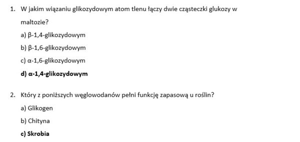Test- Chemizm życia. Składniki organiczne- węglowodany (poziom rozszerzony)