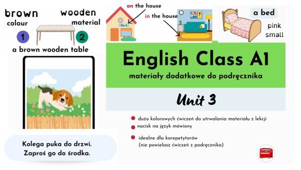 English Class A1, unit 3, materiały dodatkowe, There is/are, przyimki miejsca, krótki opis pomieszczeń