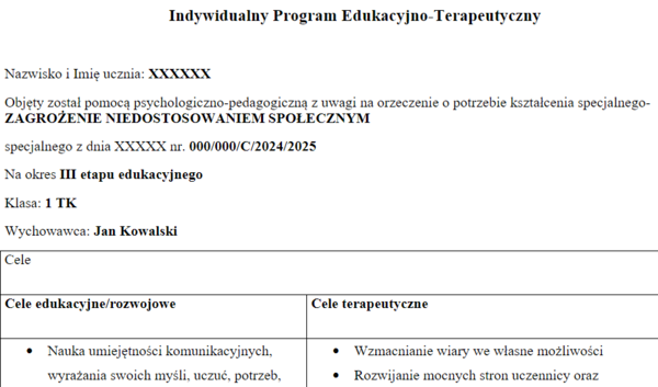 Indywidualny Program Edukacyjno-Terapeutyczny (IPET) // ZAGROŻENIE NIEDOSTOSOWANIEM SPOŁECZNYM