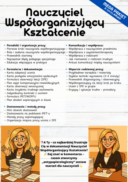 Ebook - Nauczyciel Współorganizujący Kształcenie, Wspomagający - Rola i zadania, Pierwsze kroki, Przewodnik, formularze i dokumentacja, dostosowania i metody i pracy, komunikacja i współpraca, wsparcie codziennej pracy