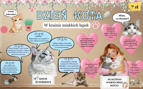 Wyjątkowa gazetka na dzień kota| W zestawie 2 plakaty 4 x A4| Kolorowa dekoracja klasy lub korytarza