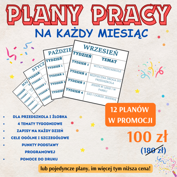 PLANY PRACY NA CALY ROK - KAŻDY MIESIĄC (12 miesięcy planów do edycji, wraz z wpisami do dziennika, celami i materiałami do druku)