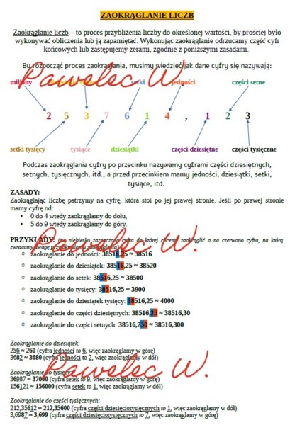 ZAOKRĄGLANIE LICZB - plakat z przykładami i wyjaśnieniem