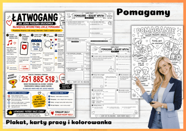 Pomaganie Karty Pracy Plakat Kolorowanka Łatwogang x CancerFighters
