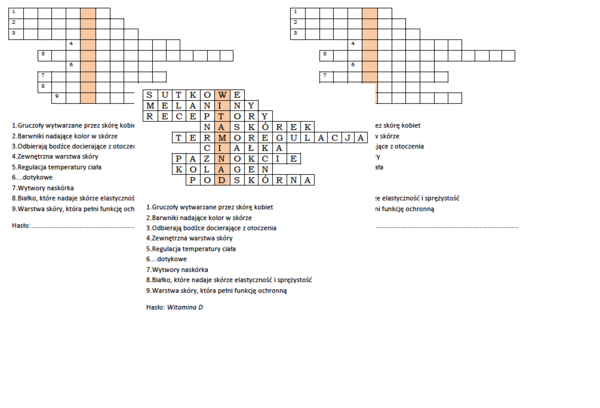 Logogryf dla klasy 7 na podsumowanie lekcji biologii o budowie i roli skóry