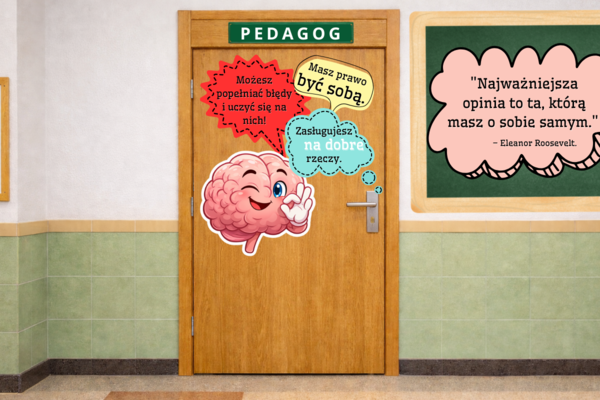 Gazetka i dekoracja drzwi- afirmacje. Psycholog, pedagog, wychowawca