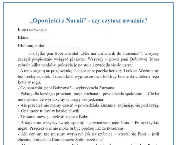 "Opowieści z Narnii" - czytanie ze zrozumieniem