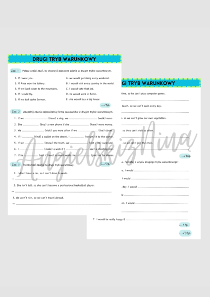 Drugi tryb warunkowy - Second Conditional - karta pracy - ćwiczenia - zadania - kartkówka - powtórka - matura