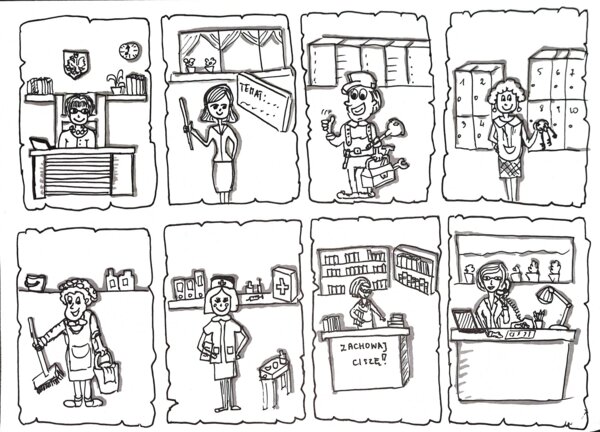 Przedszkole. Zawody (Dwie karty pracy: kolorowa + do uzupełnienia)