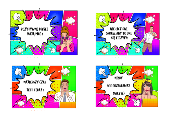 Motywacyjna gazetka w stylu komiksowym.