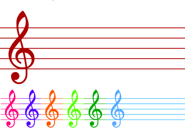 Muzyka. Szeroka pięciolinia+klucz wiolinowy. 7 różnych kolorów.