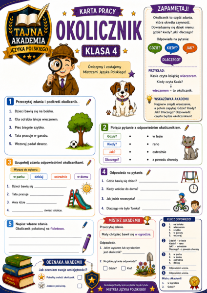 Okolicznik – karta pracy | Klasa 4 | Tajna Akademia Języka Polskiego | PDF
