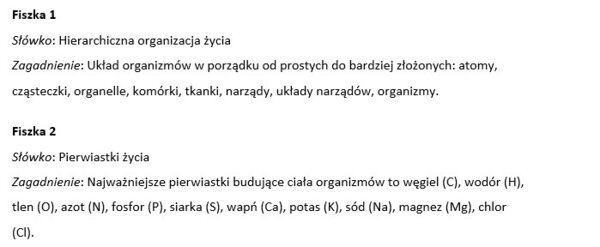 Fiszki- organizacja i chemizm życia