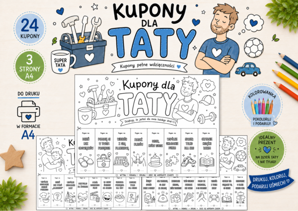 Kupony dla Taty do Kolorowania – 24 Kupony DIY dla Dzieci | Prezent na Dzień Taty PDF A4