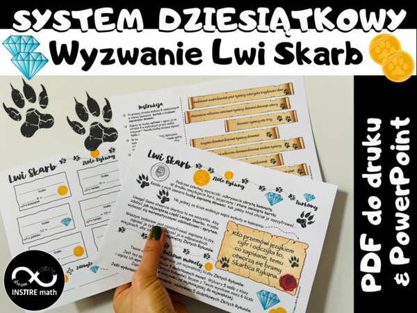 Matematyczne wyzwanie Lwi Skarb - dziesiątkowy system pozycyjny, system dziesiątkowy, duże liczby, rachunki pamięciowe, porównywanie liczb naturalnych.