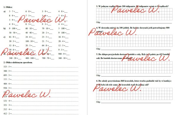 Mnożenie i dzielenie liczb trzycyfrowych przez jednocyfrowe - przykłady + zadania tekstowe, kl. 3, karty pracy