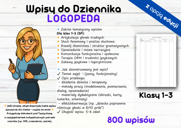 Logopeda Wpisy do Dziennika Tematy Zajęć, Klasa 1 Klasa 2 Klasa 3