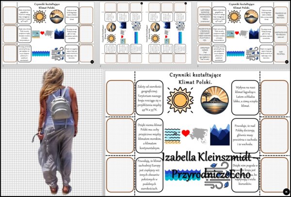Notatka okienkowa/stacja zadaniowe/notatka interaktywna/notatka graficzna/karta pracy/sketchnotka „Czynniki kształtujące Klimat Polski” w pdf do SP. Geografia 7, dział „Środowisko przyrodnicze Polski”. Materiał wykonany na podstawie podręcznika z wydawni