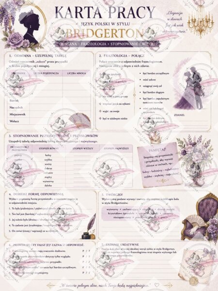 Karty pracy z Bridgertonami homonimy, synonimy, stopniowanie, deklinacja itd.