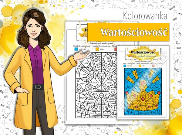Klasa 7. Klasa 8. Chemia. Wartościowość metali w związkach chemicznych i zgodnie z położeniem w układzie okresowym. Chemiczna kolorowanka. Karta pracy. Zadanie.