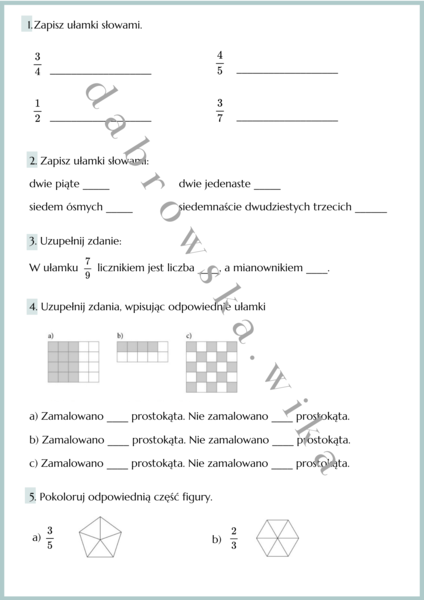 Ułamek jako część całości, porównywanie ułamków - karta pracy