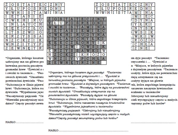 Pasożytnictwo - wykreślanka dla klasy 8