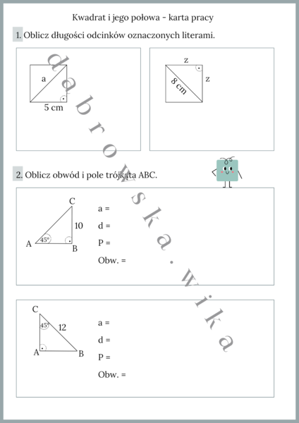 Kwadrat i jego połowa - karta pracy