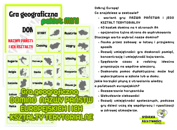 Gra geograficzna DOMINO NAZWY PAŃSTW EUROPEJSKICH I ICH KSZTAŁTY TERYTORIALNE pakiet MINI