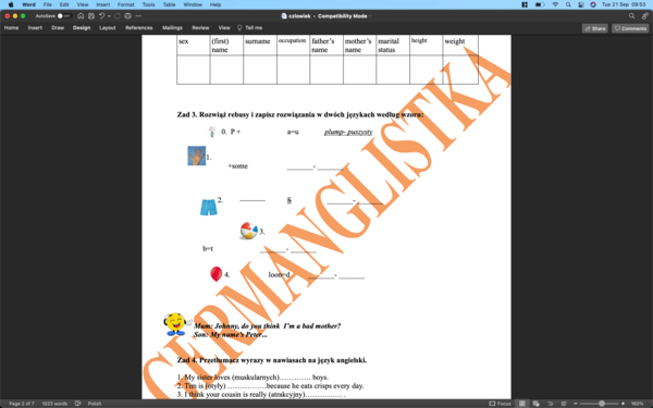 Człowiek- ćwiczenia leksykalne- powtórka przed egzaminem ósmoklasisty